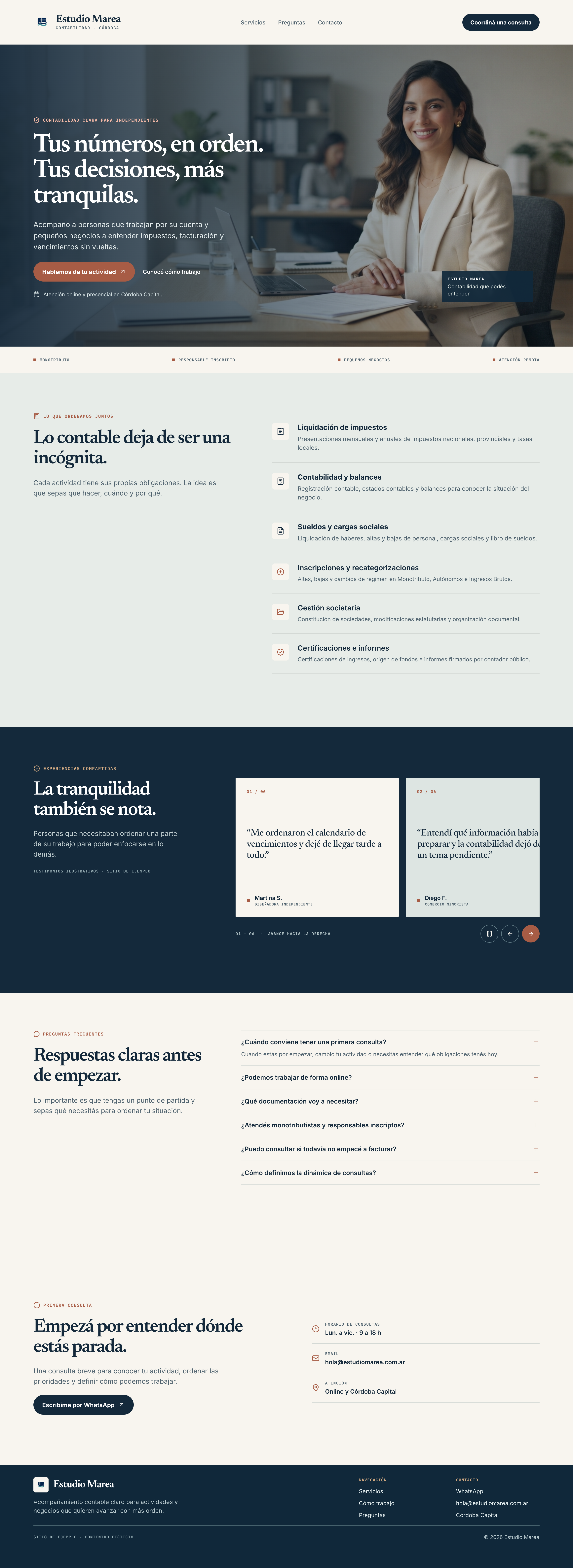 Vista de la OnePage ilustrativa Estudio Marea