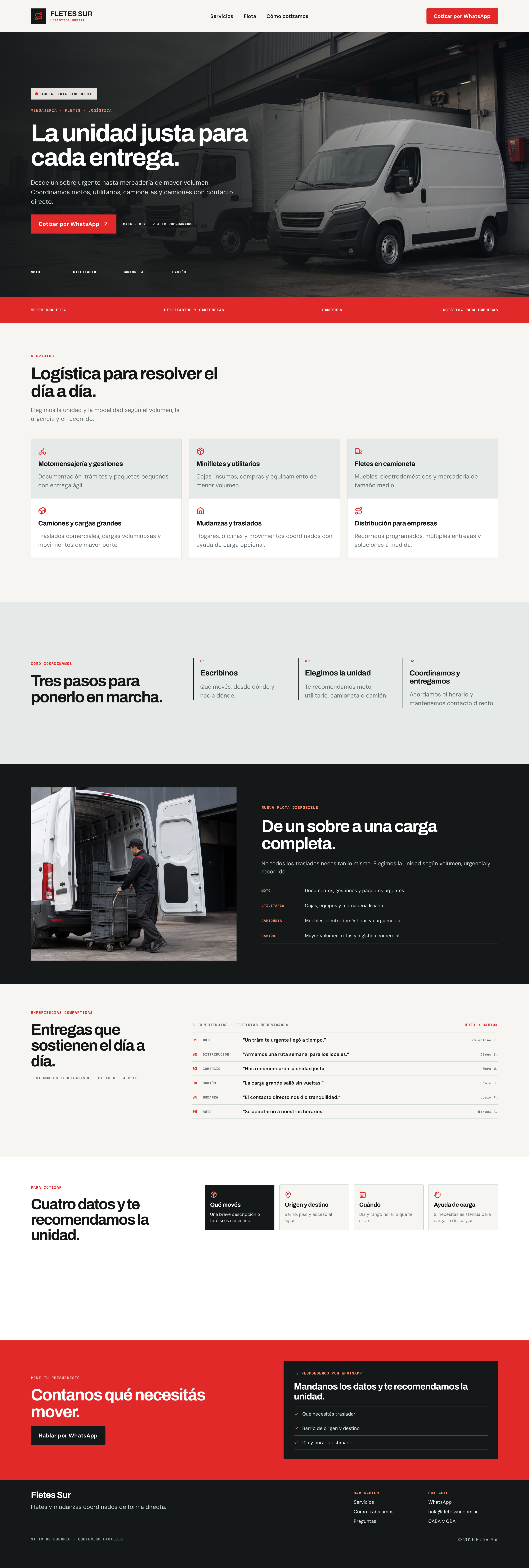 Vista de la OnePage ilustrativa Fletes Sur